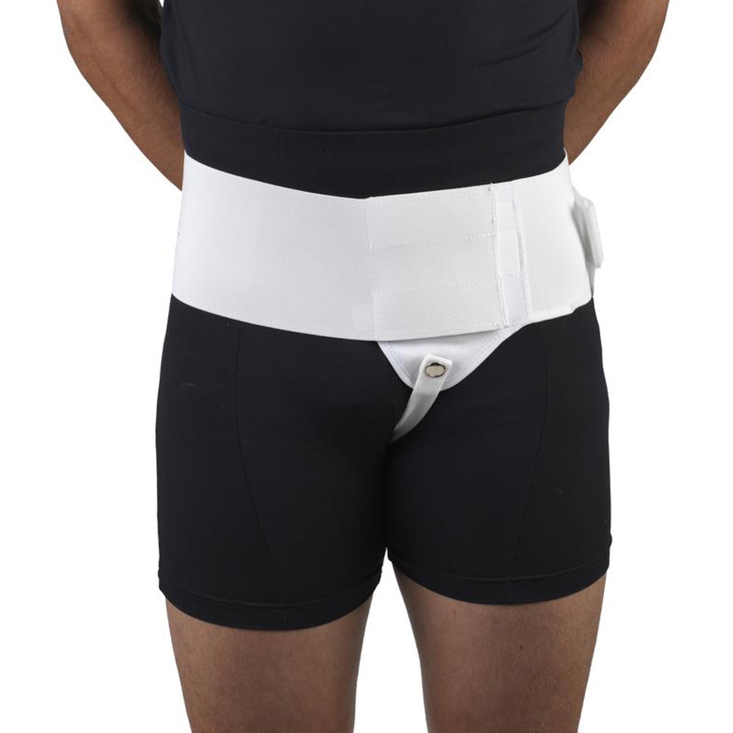 --Front of SINGLE HERNIA SUPPORT on model--