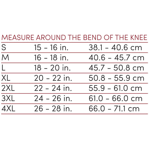 ORTHOTEX KNEE SUPPORT - STABILIZER PAD size chart