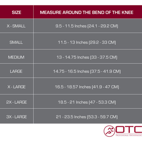 KNEE SUPPORT - CONDYLE PADS, FRONT OPENING size chart
